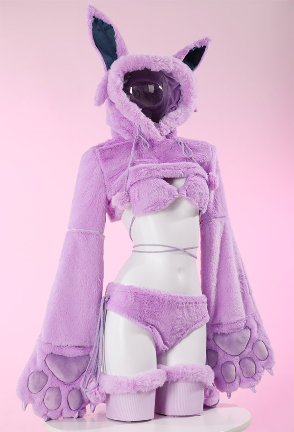 Furry Paw Sexy Lingerie Kawaii Purple Plush Homewear Paw Gloves Hoodie and Bra Panty with Stockings